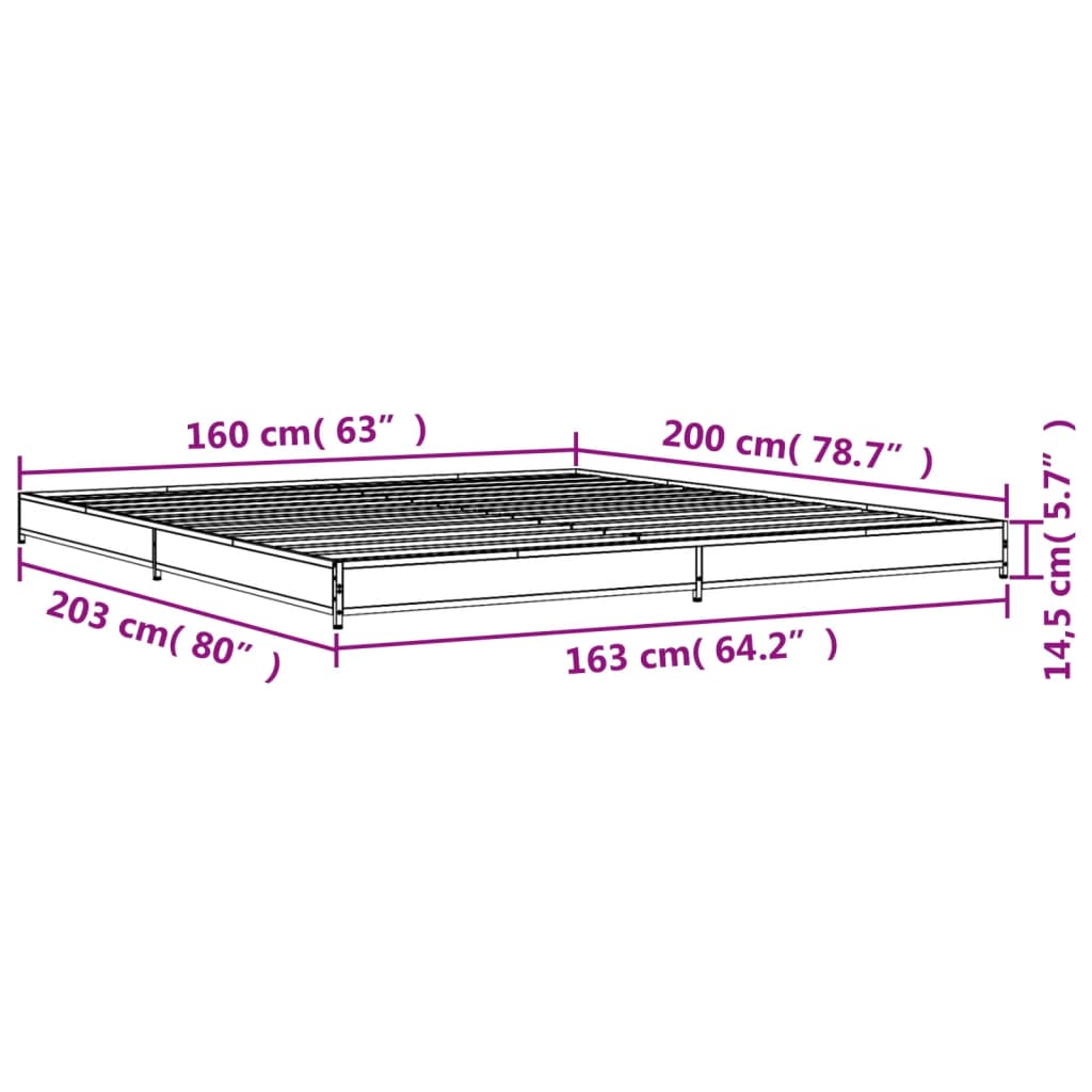 vidaXL Posteljni okvir rjav hrast 160x200 cm inženirski les in kovina