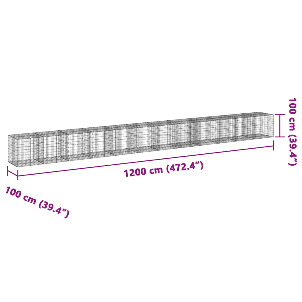 vidaXL Gabionska košara s pokrovom 1200x100x100 cm pocinkano železo