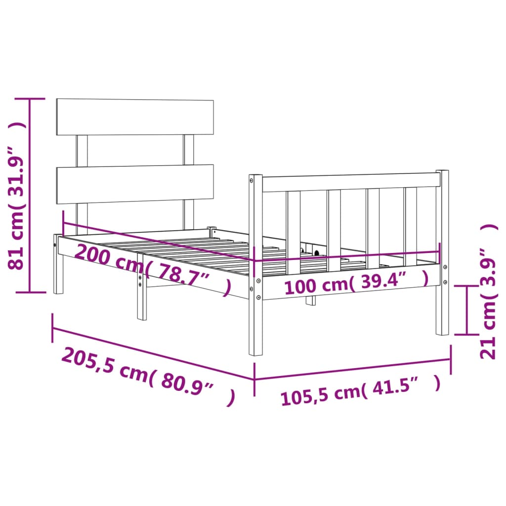 vidaXL Posteljni okvir z vzglavjem 100x200 cm trden les