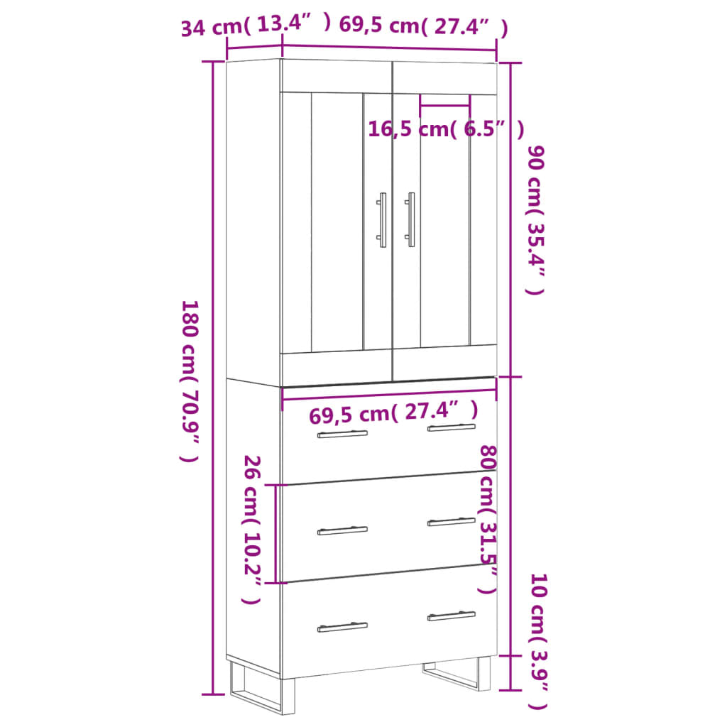 vidaXL Visoka komoda betonsko siva 69,5x34x180 cm inženirski les