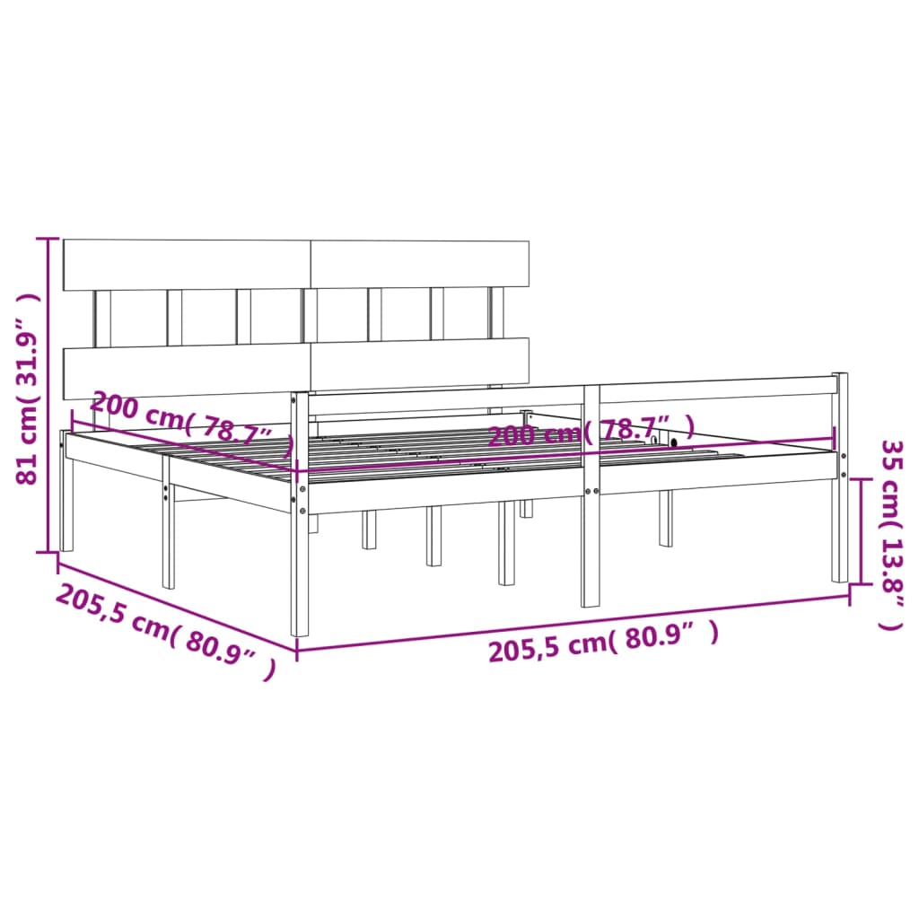 vidaXL Postelja za starejše z vzglavjem črn 200x200 cm trdnega lesa