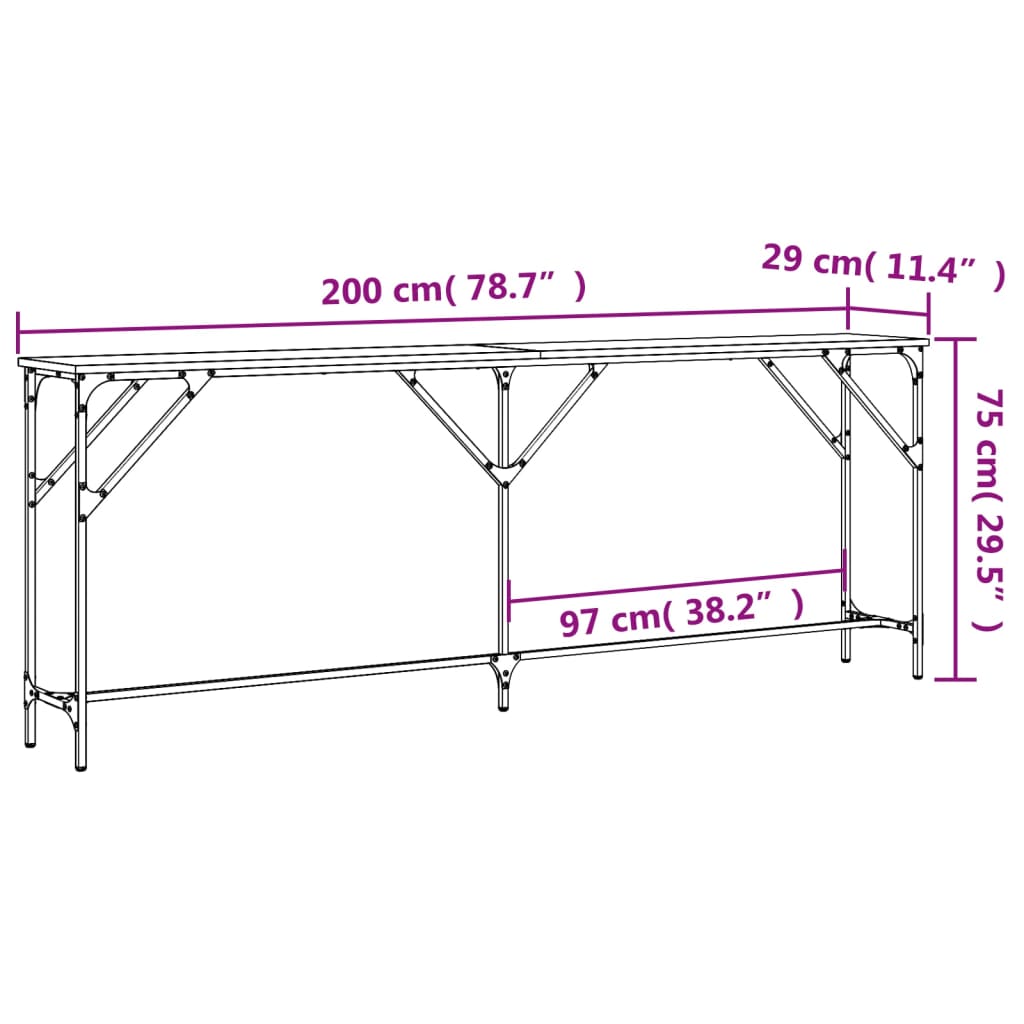 vidaXL Konzolna mizica črna 200x29x75 cm inženirski les