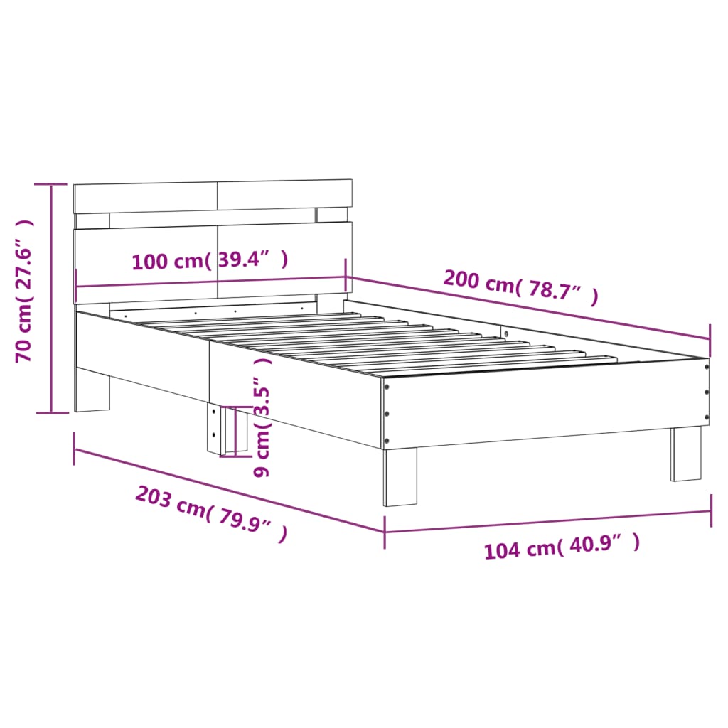 vidaXL Posteljni okvir z vzglavjem siva sonoma 100x200 cm inž. les