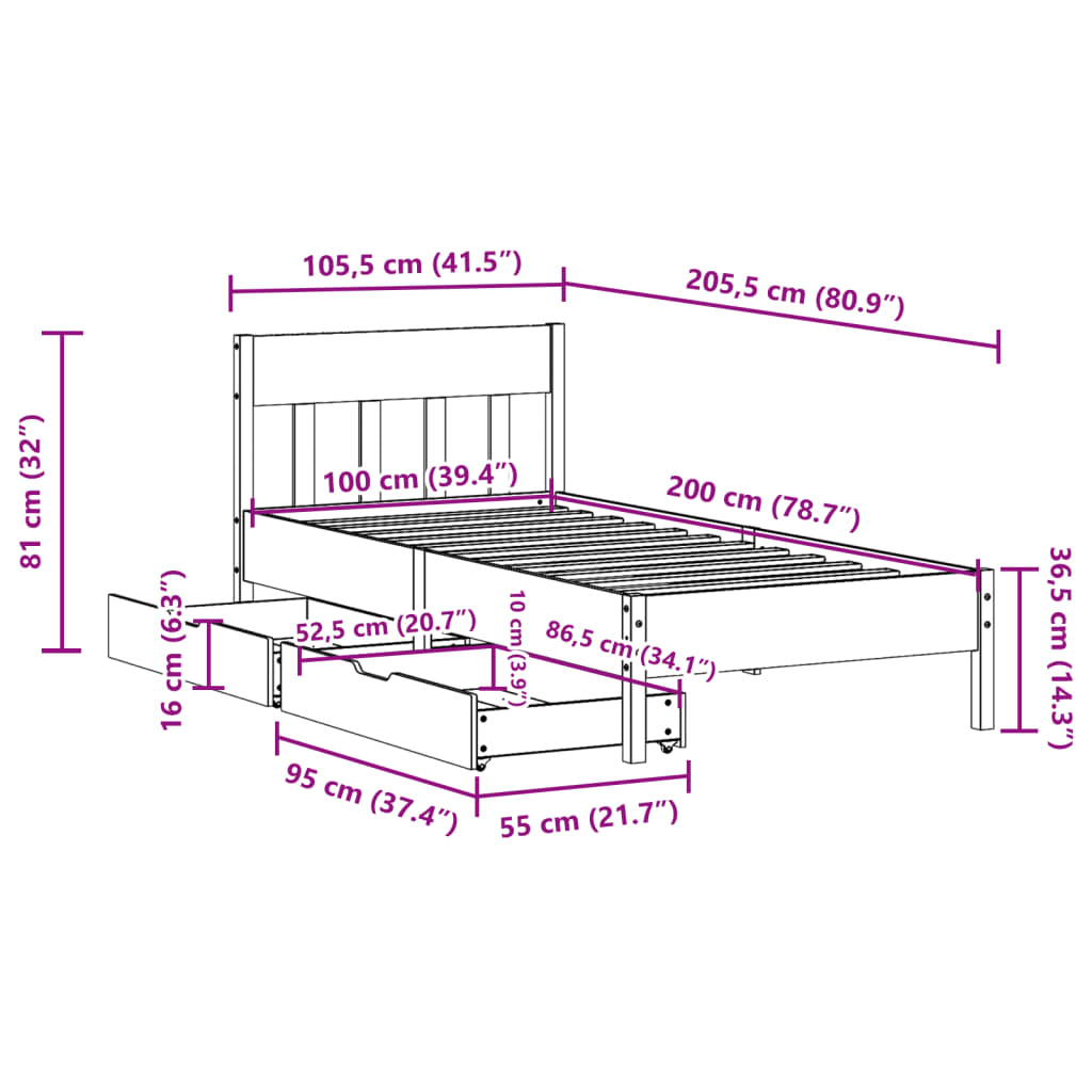 vidaXL Posteljni okvir brez vzmetnice bel 100x200 cm trdna borovina