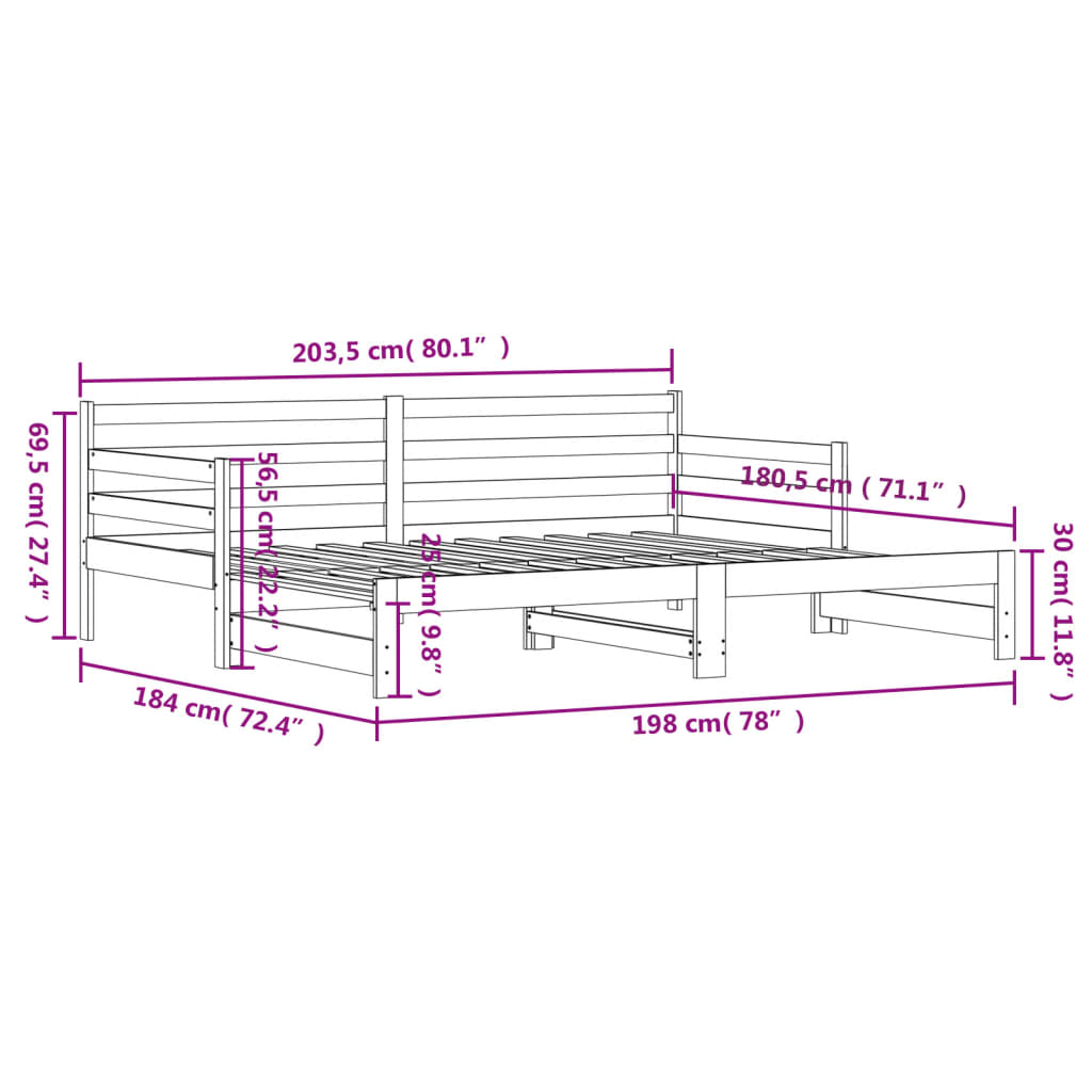 vidaXL Izvlečna dnevna postelja črna 90x200 cm trdna borovina