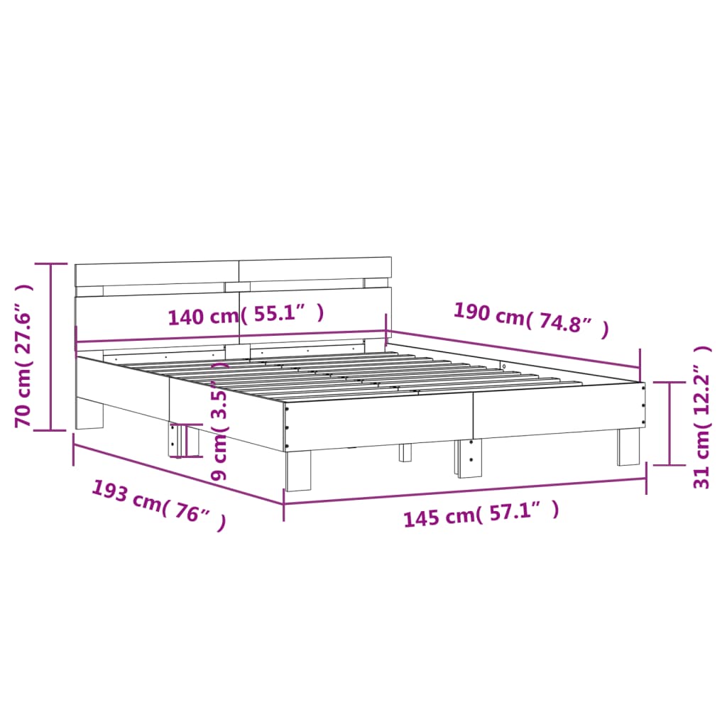 vidaXL Posteljni okvir z vzglavjem rjavi hrast 140x190 cm inž. les