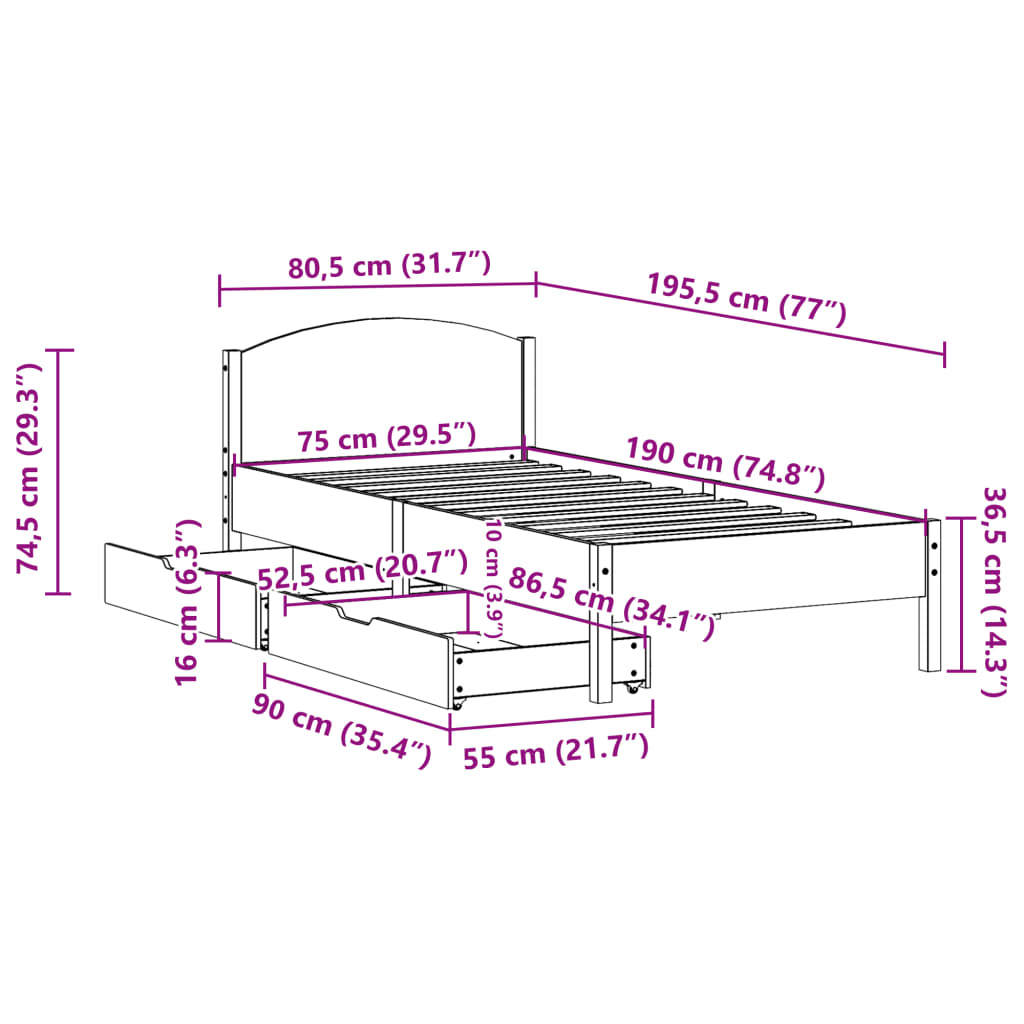 vidaXL Posteljni okvir brez vzmetnice 75x190 cm trdna borovina