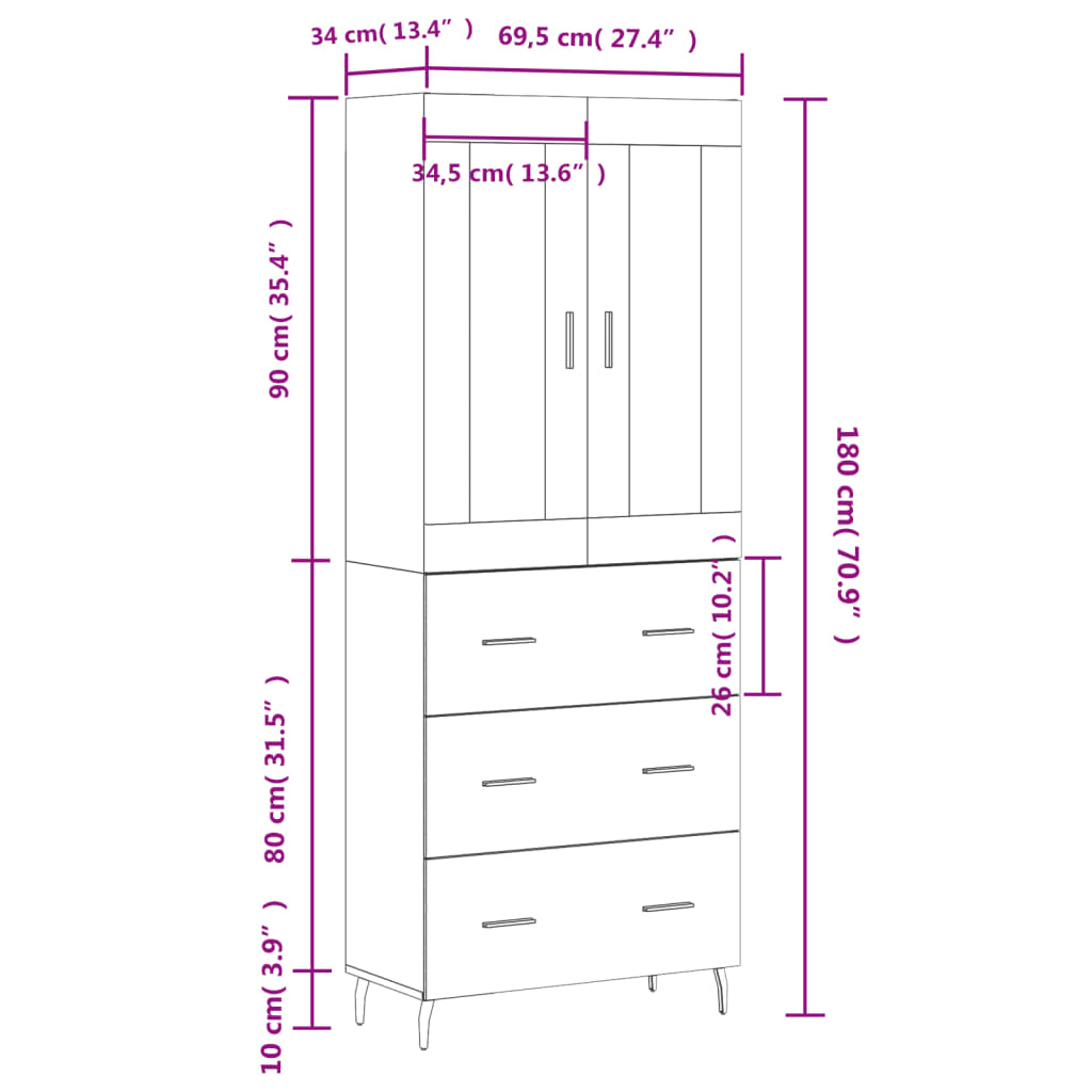 vidaXL Visoka komoda dimljen hrast 69,5x34x180 cm inženirski les