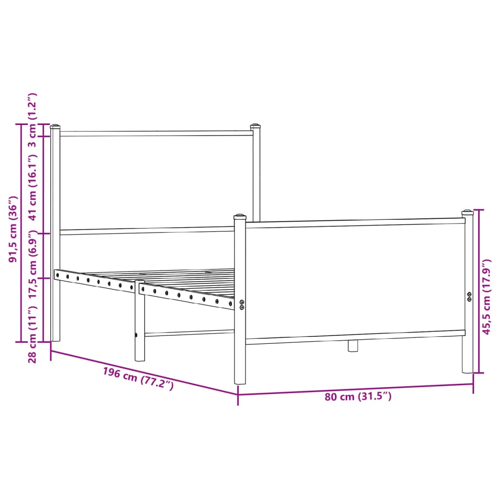 vidaXL Kovinski posteljni okvir brez vzmetnice dimljen hrast 75x190 cm