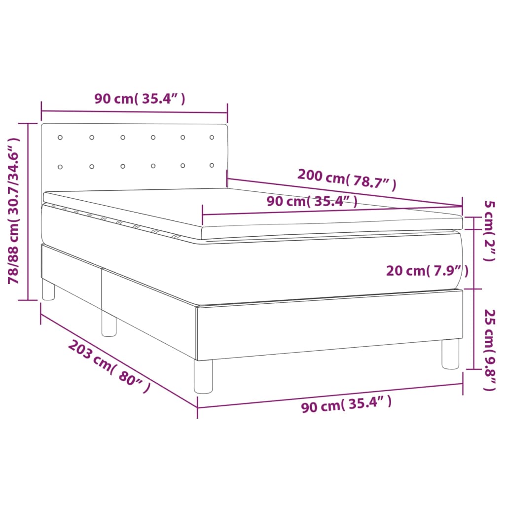 vidaXL Box spring postelja z vzmetnico LED svetlo siva 90x200 cm blago