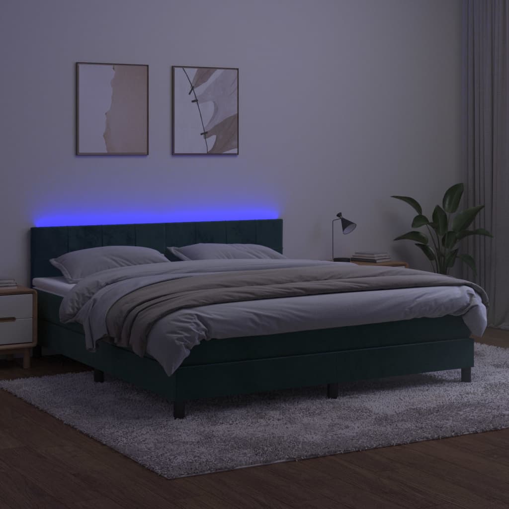 vidaXL Box spring postelja z vzmetnico LED tem. zelena 160x200cm žamet