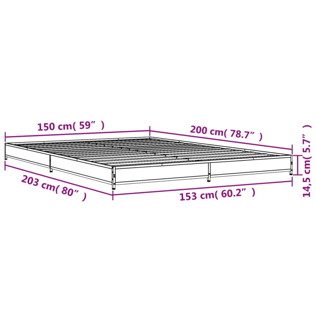 vidaXL Posteljni okvir rjav hrast 150x200 cm inženirski les in kovina