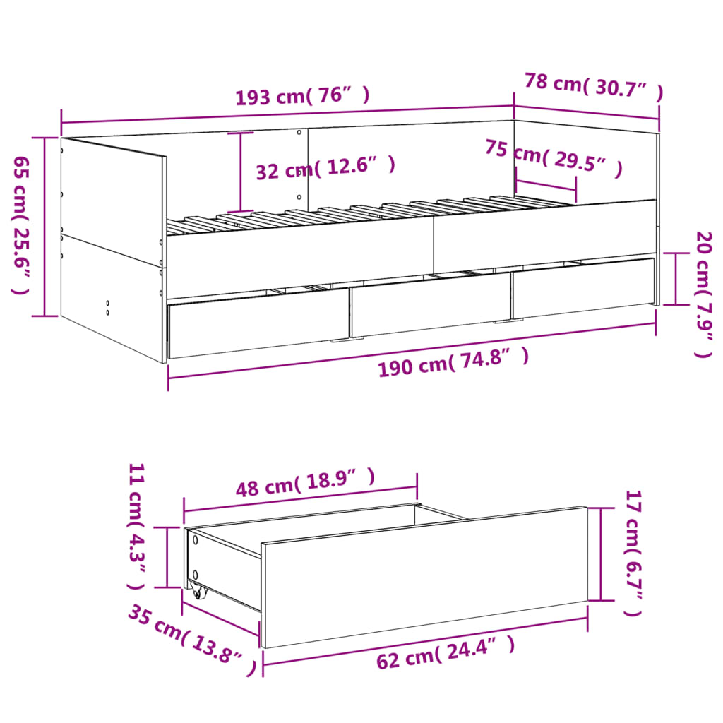 vidaXL Dnevna postelja s predali brez vzmetnice rjavi hrast 75x190 cm