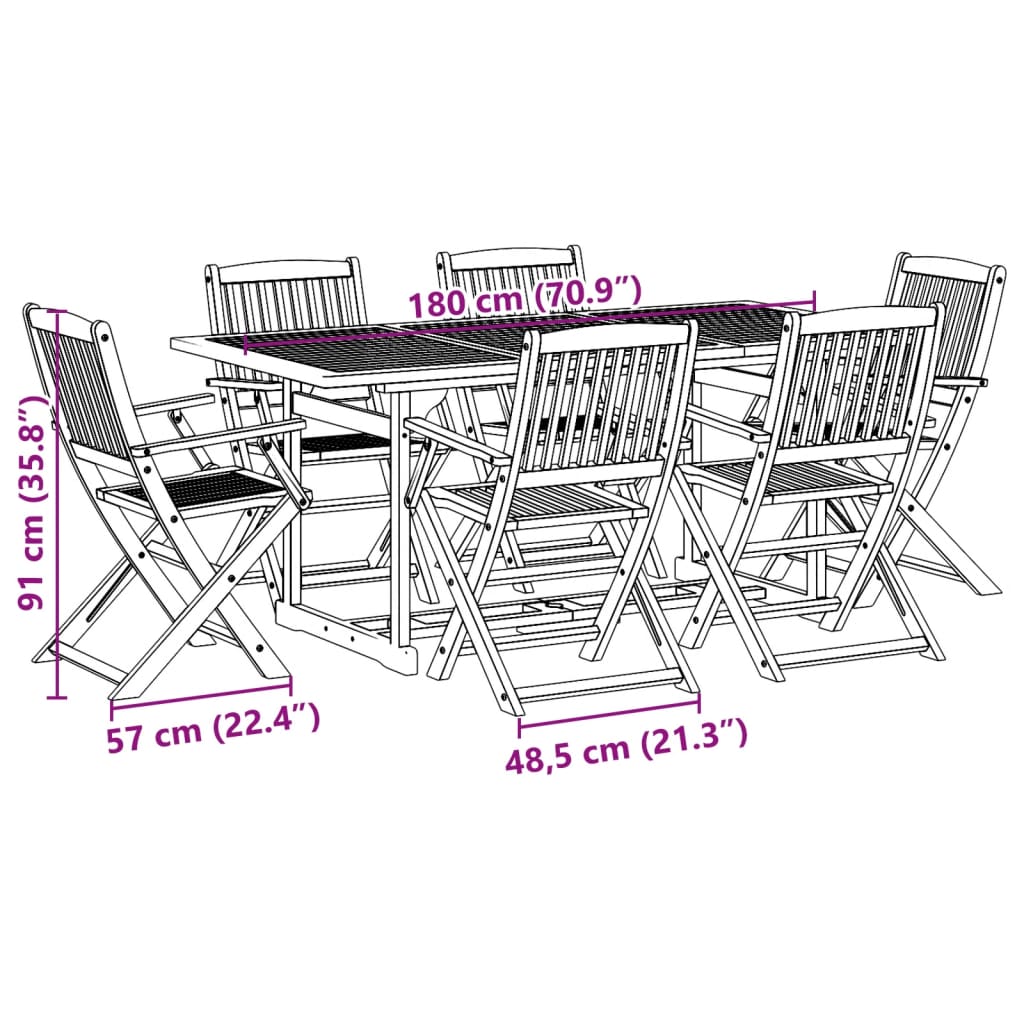 vidaXL Vrtna jedilna garnitura 7-delna 180x90x75 cm trden akacijev les