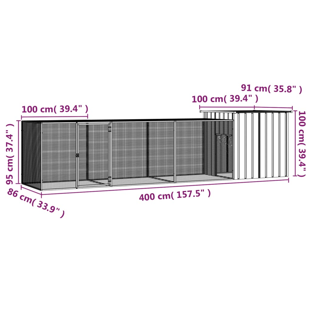 vidaXL Kokošnjak antracit 400x91x100 cm pocinkano jeklo