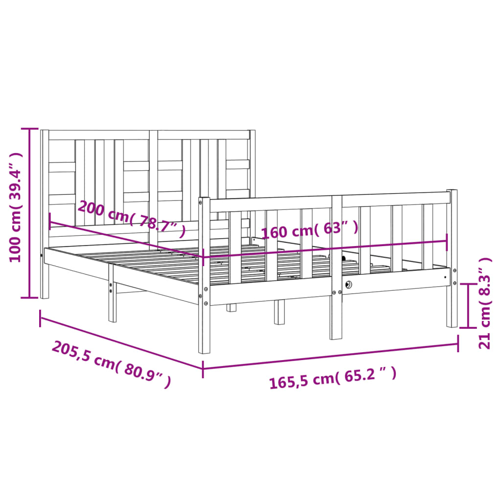 vidaXL Posteljni okvir z vzglavjem črn 160x200 cm trden les