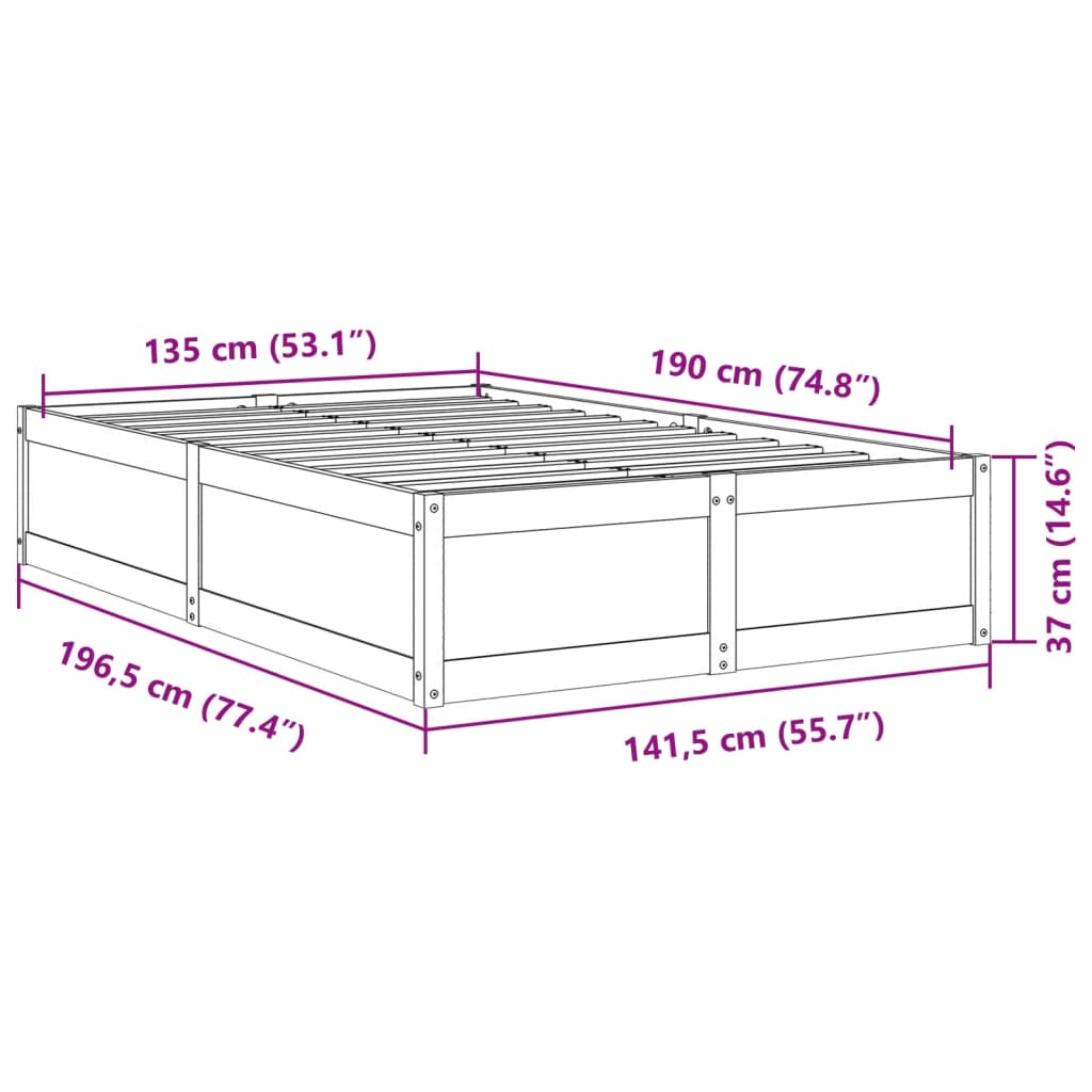 vidaXL Posteljni okvir brez vzmetnice 135x190 cm trdna borovina