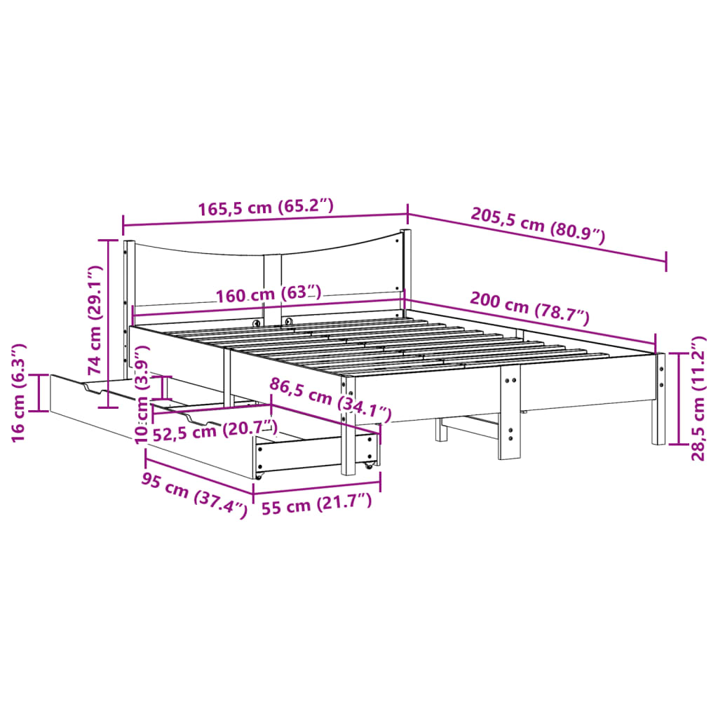 vidaXL Posteljni okvir s predali bel 160x200 cm trdna borovina