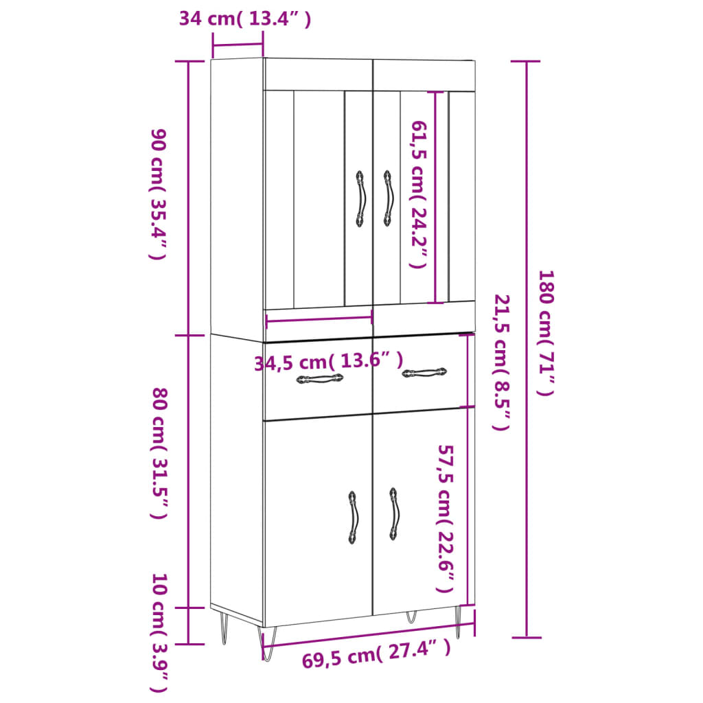 vidaXL Visoka omara bela 69,5x34x180 cm inženirski les