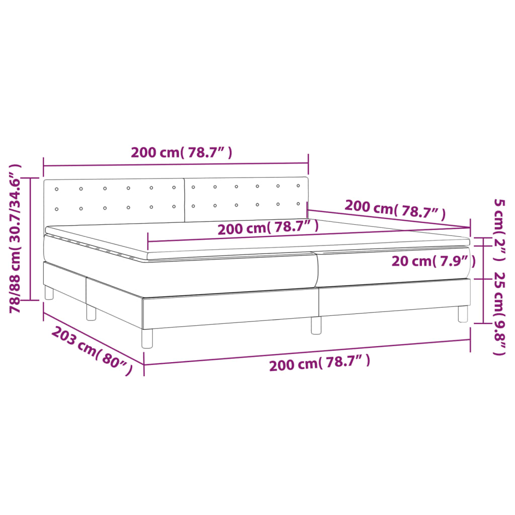 vidaXL Box spring postelja z vzmetnico LED tem. zelena 200x200cm žamet