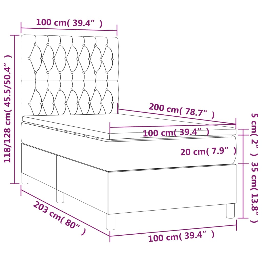 vidaXL Box spring postelja z vzmetnico LED krem 100x200 cm blago