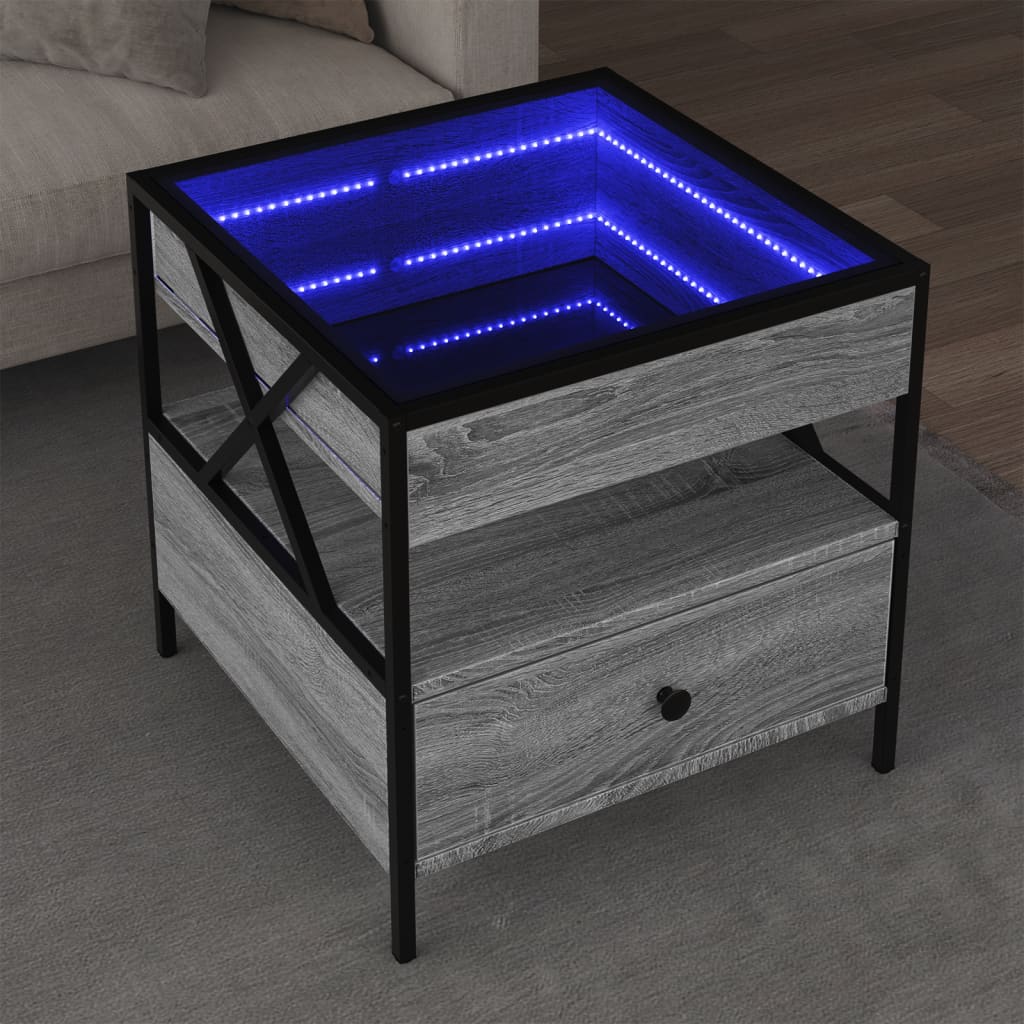 vidaXL Klubska mizica z neskončnimi LED siva sonoma 50x50x51 cm