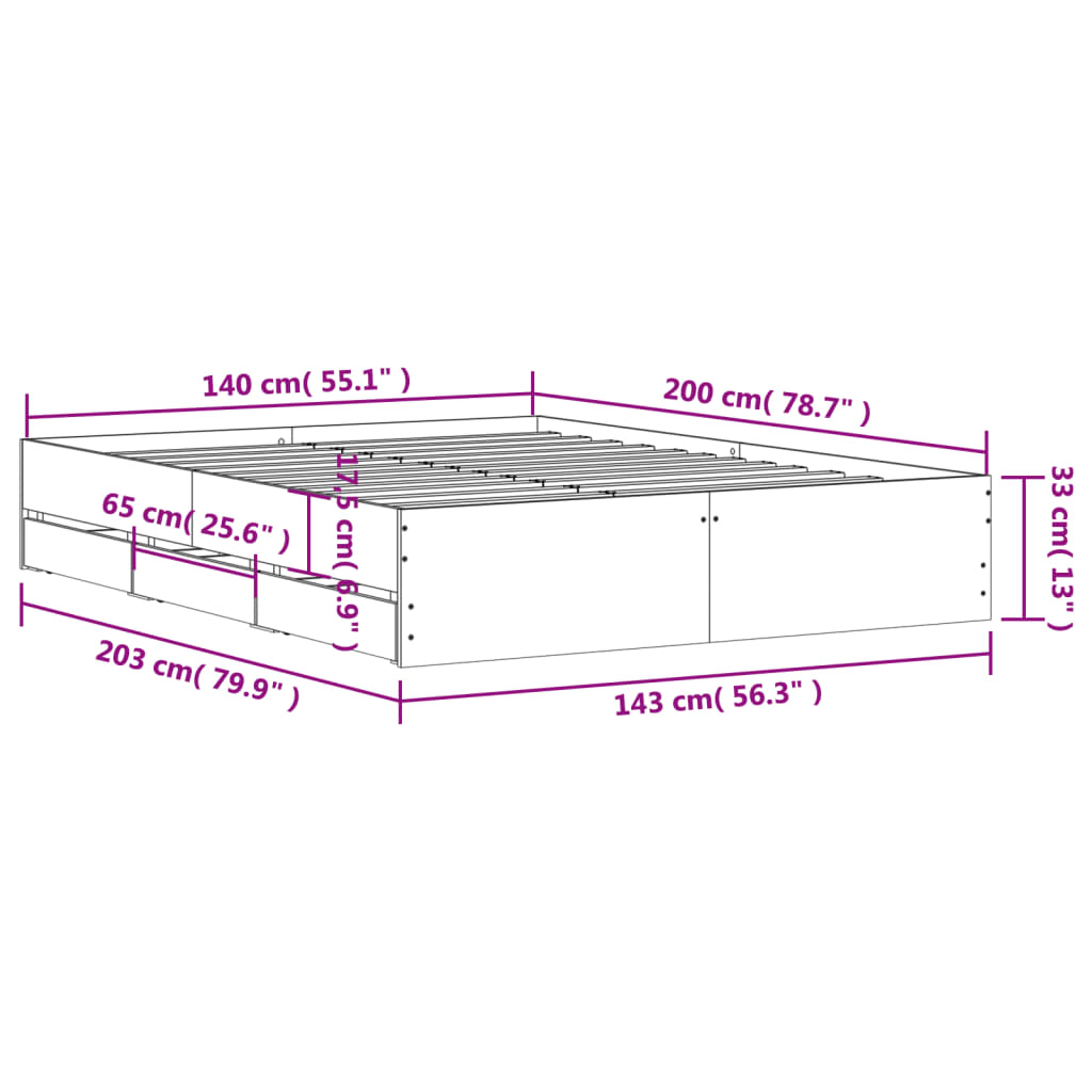 vidaXL Posteljni okvir s predali siva sonoma 140x200 cm inženirski les