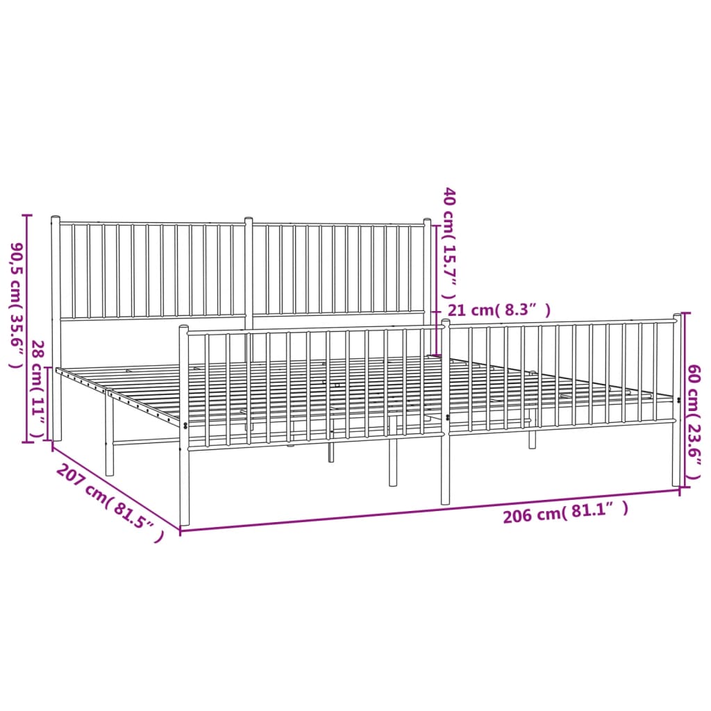 vidaXL Kovinski posteljni okvir z vzglavjem in vznožjem bel 200x200 cm