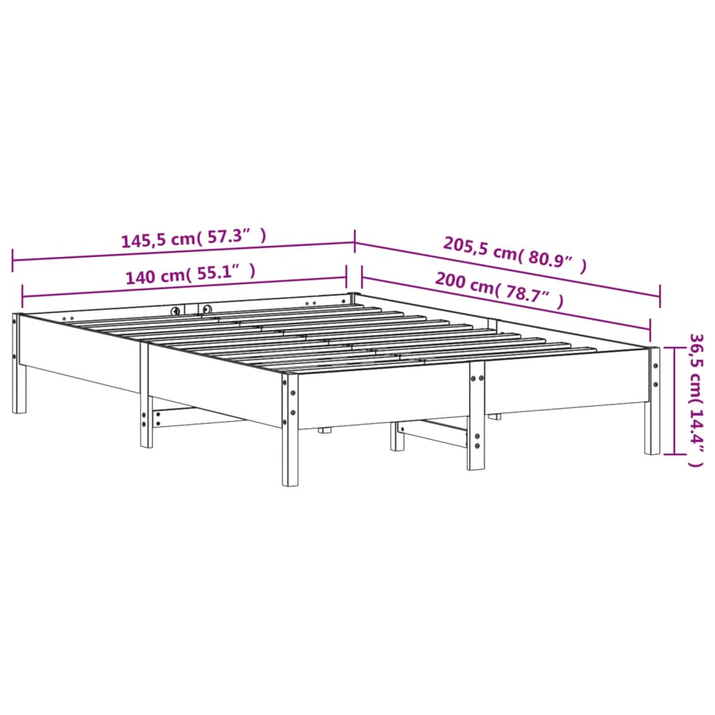 vidaXL Posteljni okvir brez vzmetnice bel 140x200 cm trdna borovina