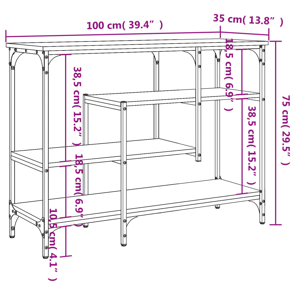 vidaXL Konzolna mizica s policami siva sonoma 100x35x75 cm