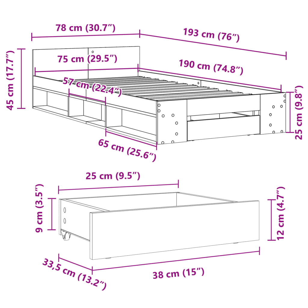 vidaXL Posteljni okvir s predalom rjavi hrast 75x190 cm inž. les