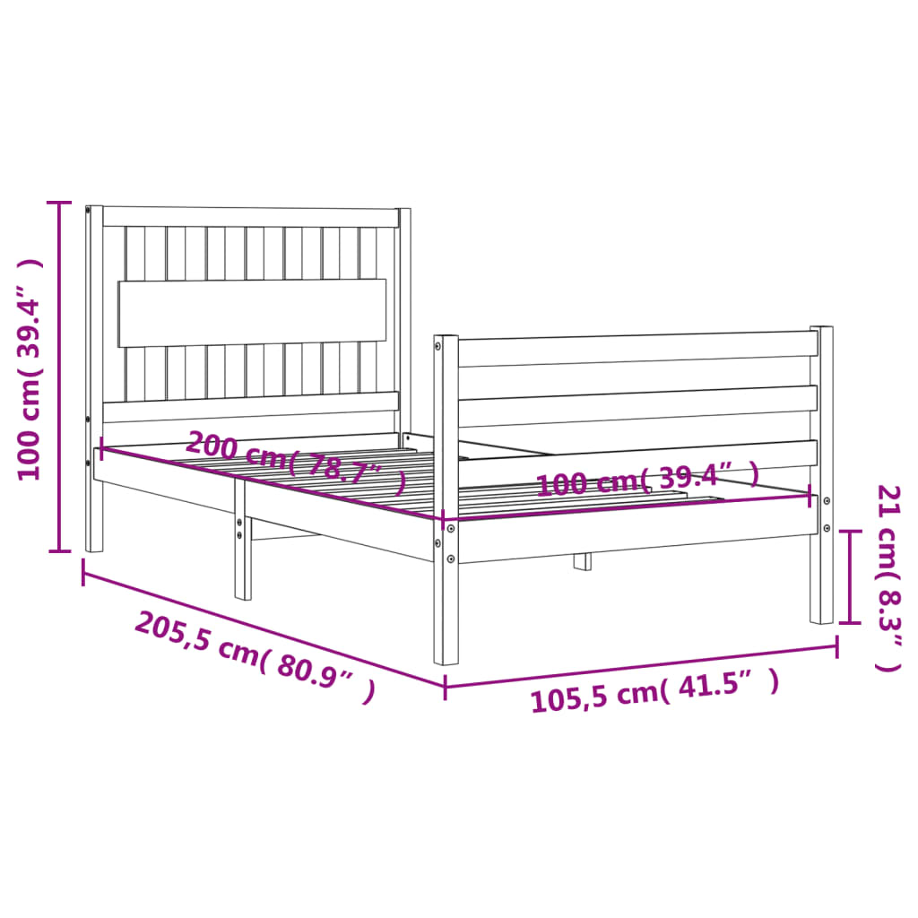 vidaXL Posteljni okvir z vzglavjem 100x200 cm trden les