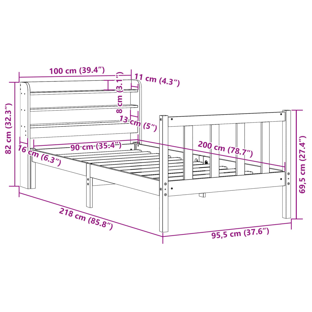 vidaXL Posteljni okvir brez vzmetnice bel 90x200 cm trdna borovina