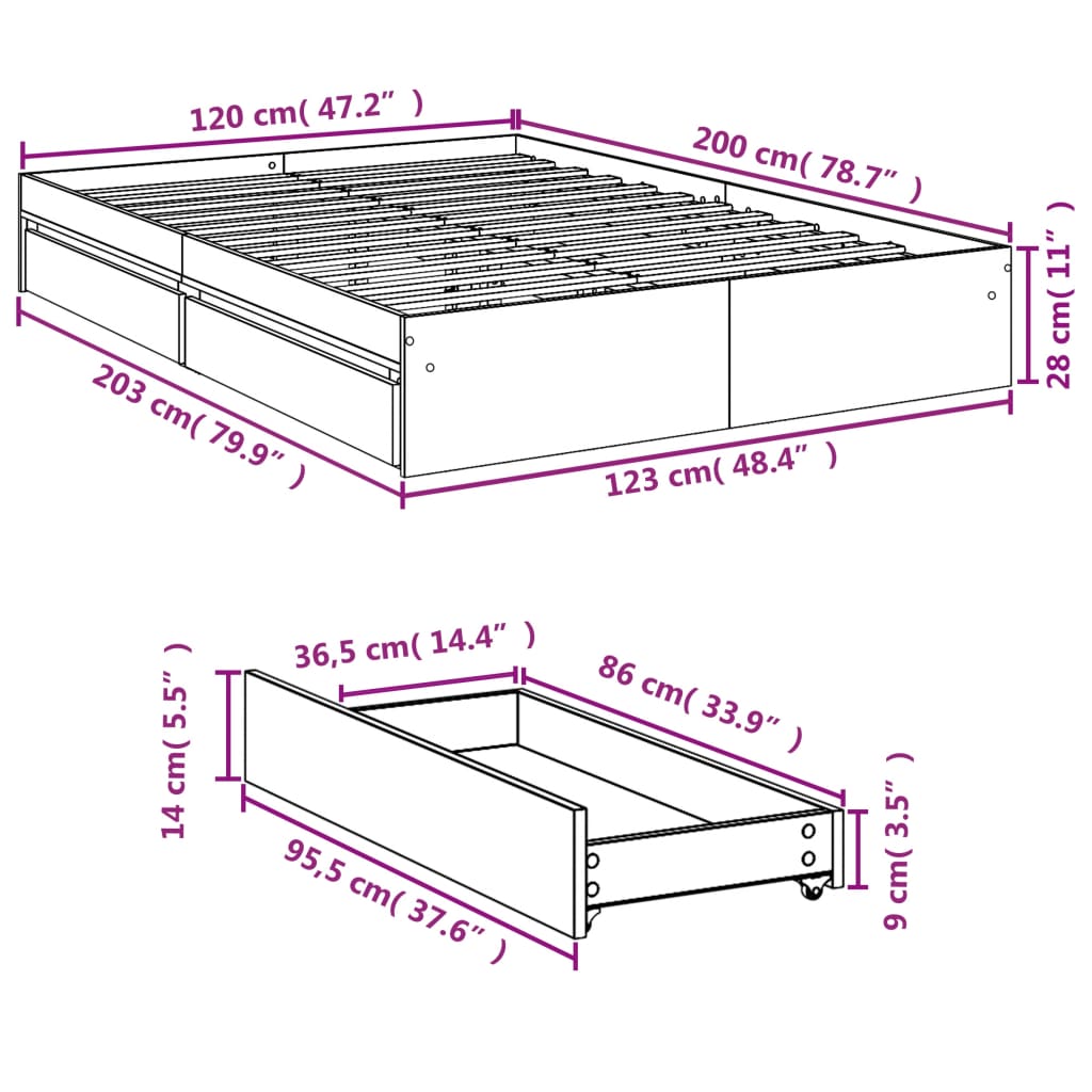 vidaXL Posteljni okvir s predali siva sonoma 120x200 cm inženirski les