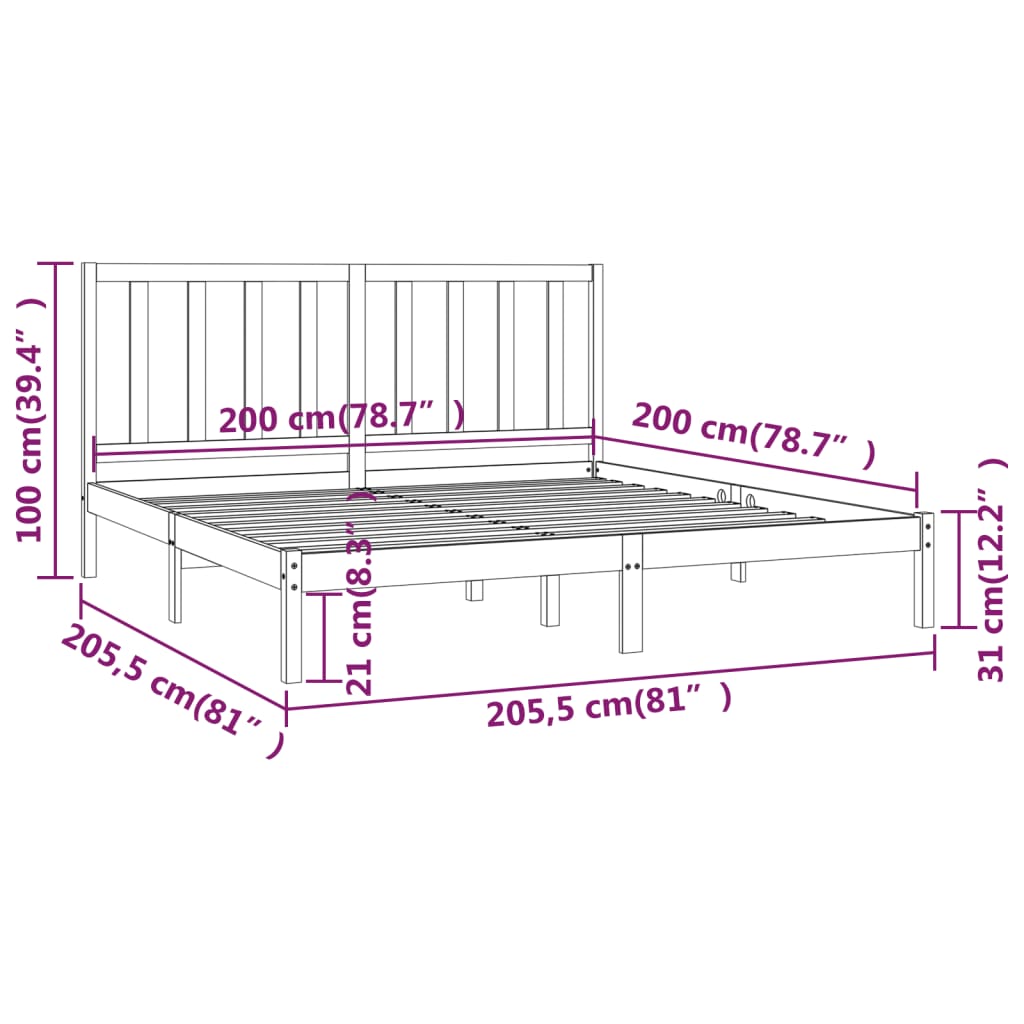 vidaXL Posteljni okvir črn iz trdne borovine 200x200 cm