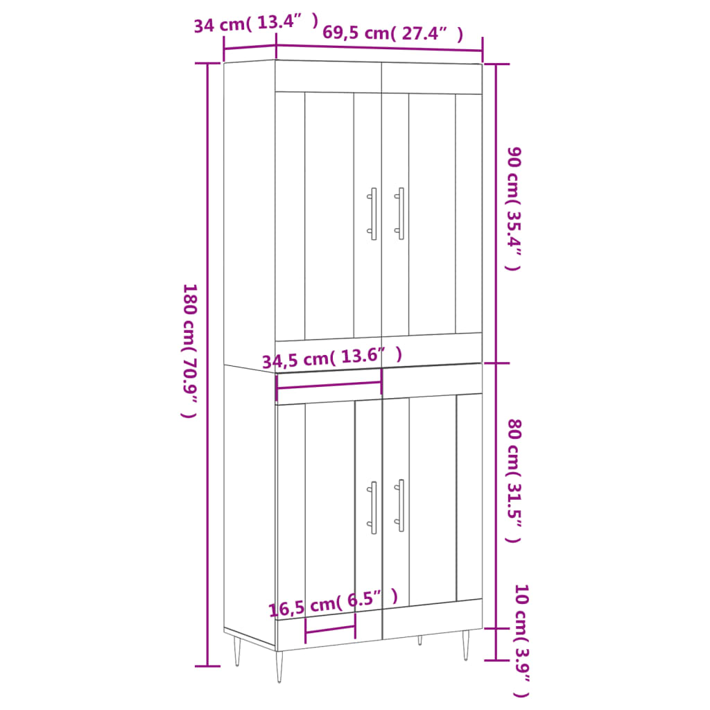 vidaXL Visoka komoda siva sonoma 69,5x34x180 cm inženirski les