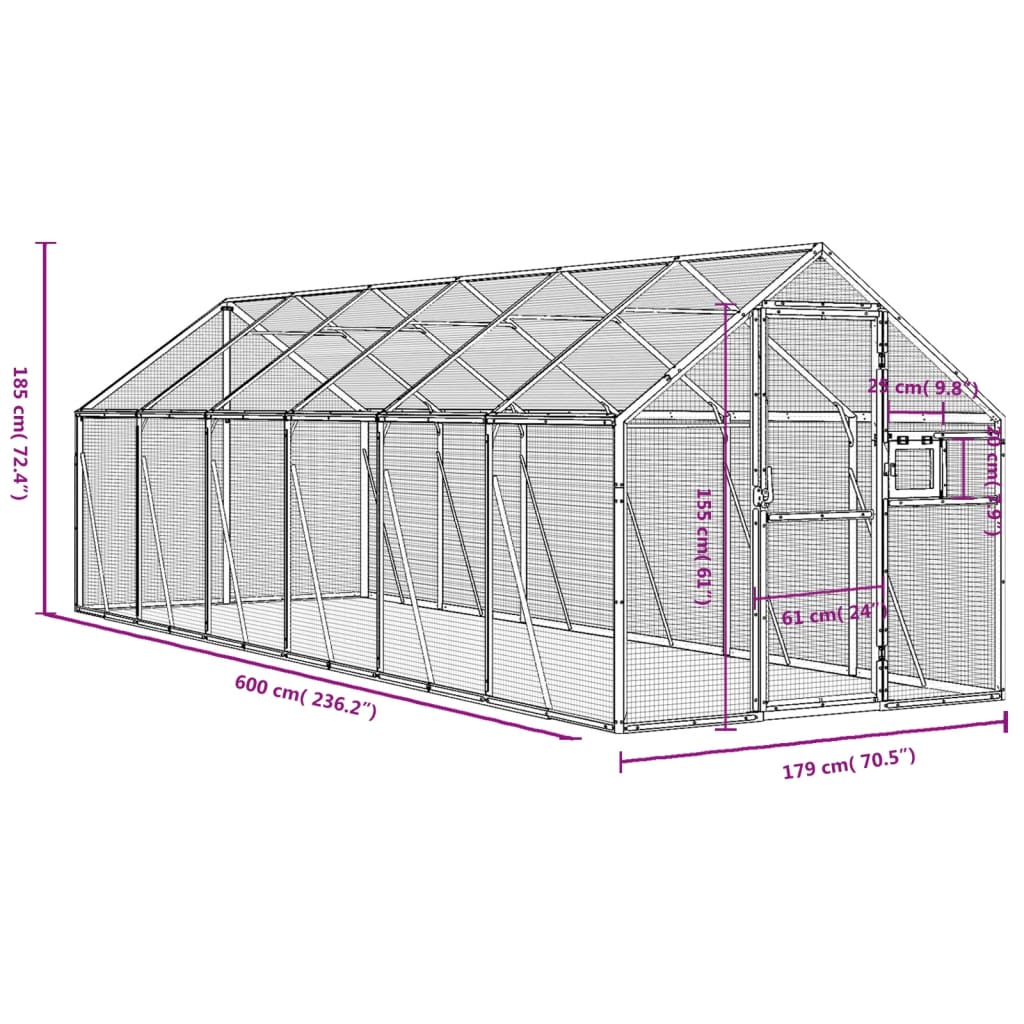 vidaXL Ptičnica srebrna 1,79x6x1,85 m aluminij