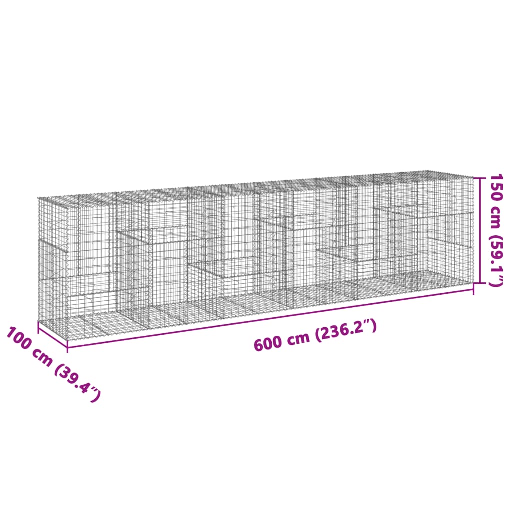 vidaXL Gabionska košara s pokrovom 600x100x150 cm pocinkano železo