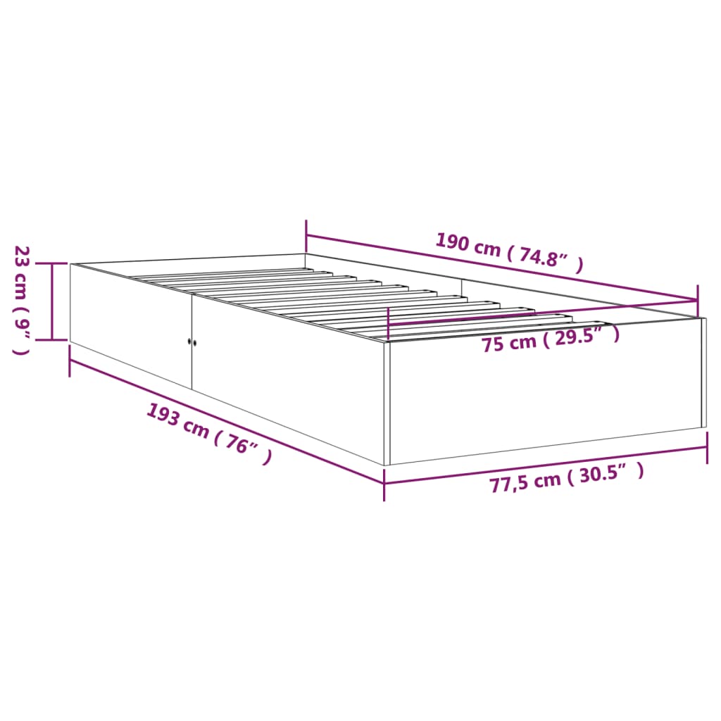 vidaXL Posteljni okvir siv iz trdnega lesa 75x190 cm