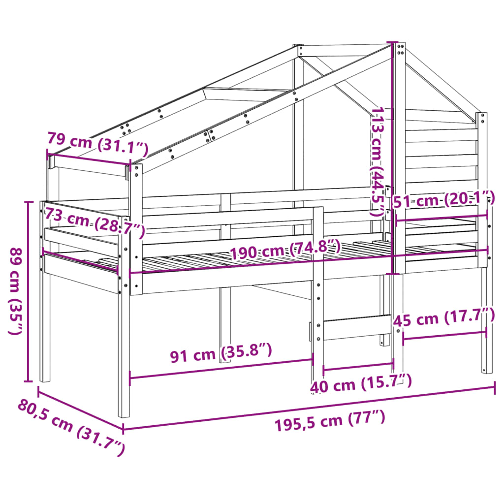 vidaXL Visoka postelja s streho bela 75x190 cm trdna borovina