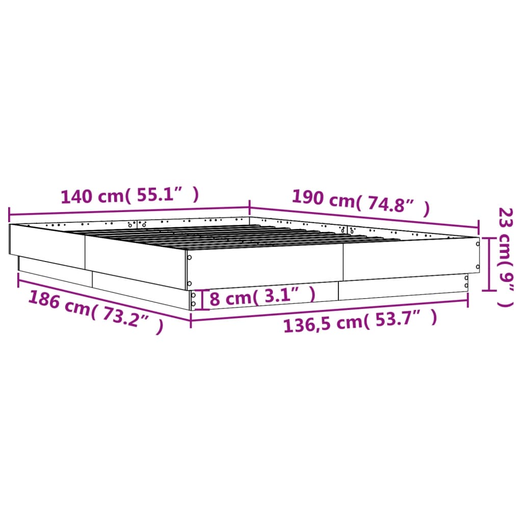 vidaXL Posteljni okvir z LED diodami rjavi hrast 140x190 cm