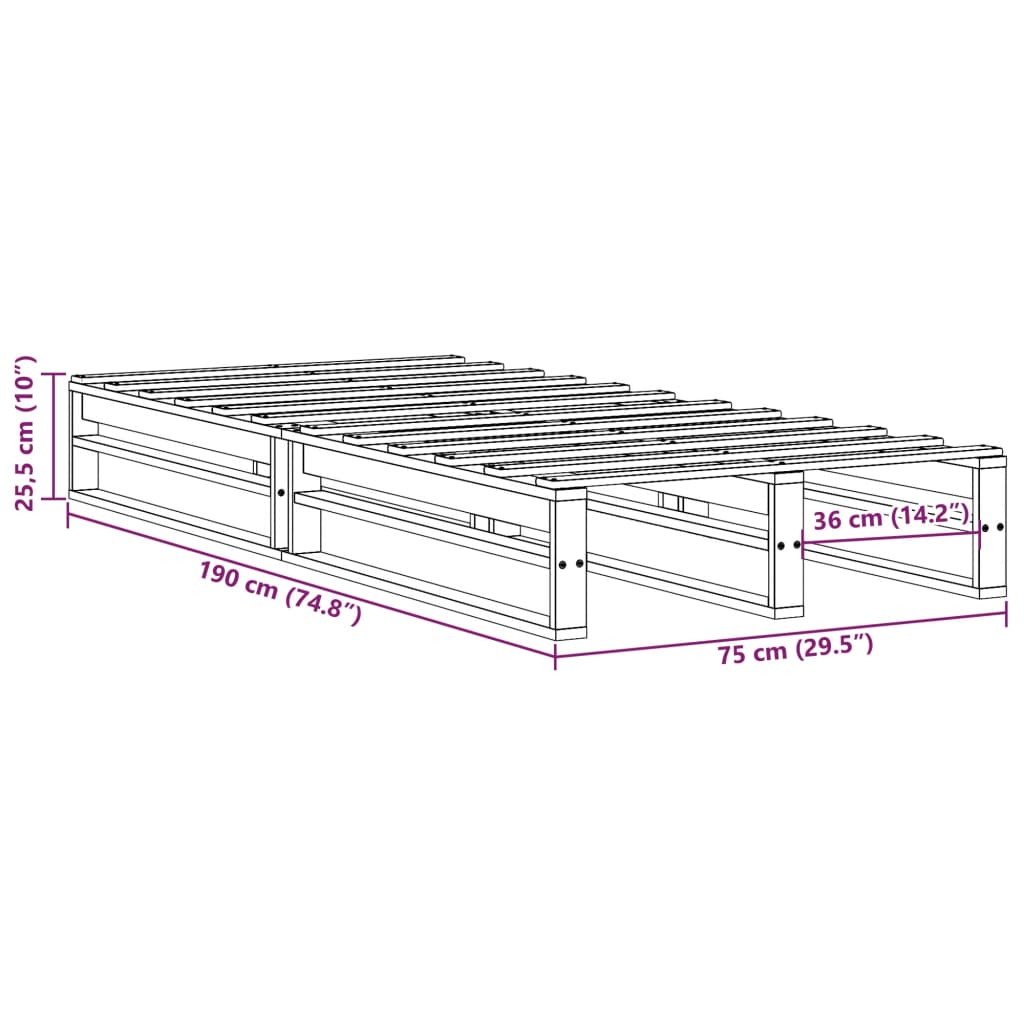 vidaXL Posteljni okvir brez vzmetnice 75x190 cm trdna borovina