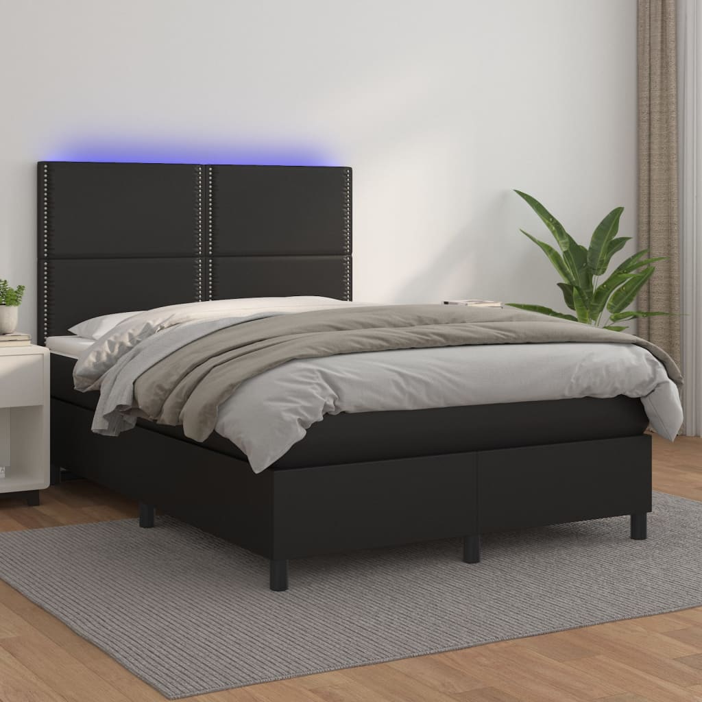 vidaXL Box spring postelja z vzmetnico LED črna 140x200cm umetno usnje