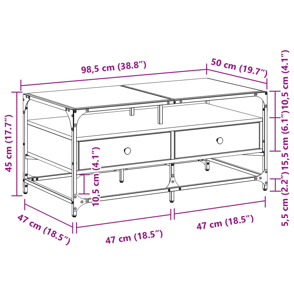 vidaXL Klubska mizica s steklom dimljeni hrast 98,5x50x45 cm jeklo