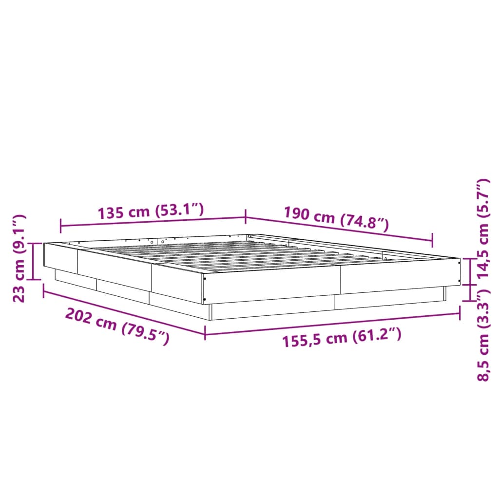 vidaXL Posteljni okvir z LED lučkami betonsko siv 135x190 cm inž. les