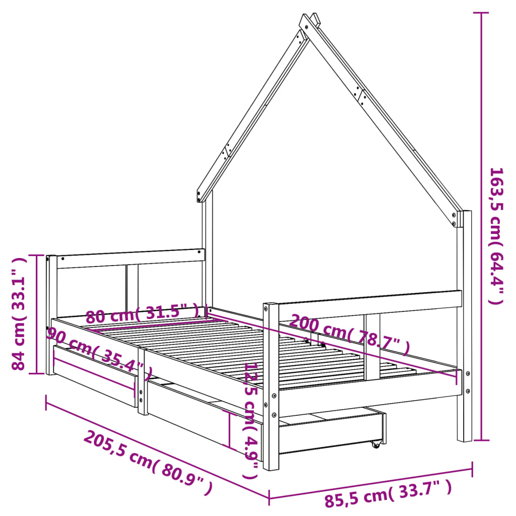 vidaXL Otroški posteljni okvir s predali črn 80x200 cm trdna borovina