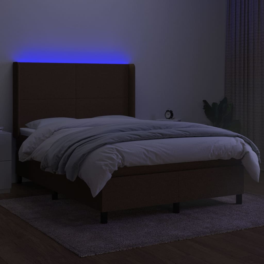 vidaXL Box spring postelja z vzmetnico LED temno rjava 140x190cm blago