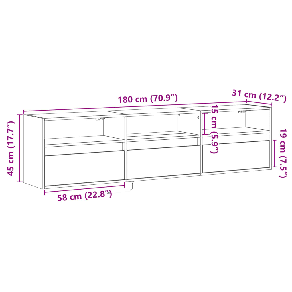 vidaXL Stenska TV omarica z LED lučkami siva sonoma 180x31x45 cm