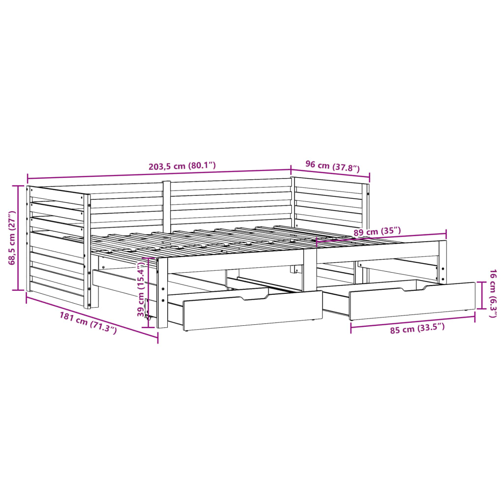 vidaXL Dnevna postelja s predali bela 90x200 cm trdna borovina