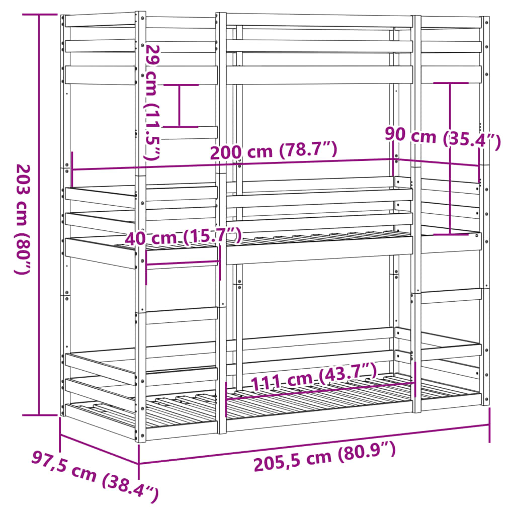 vidaXL Trojni pograd bel 90x200 cm trdna borovina